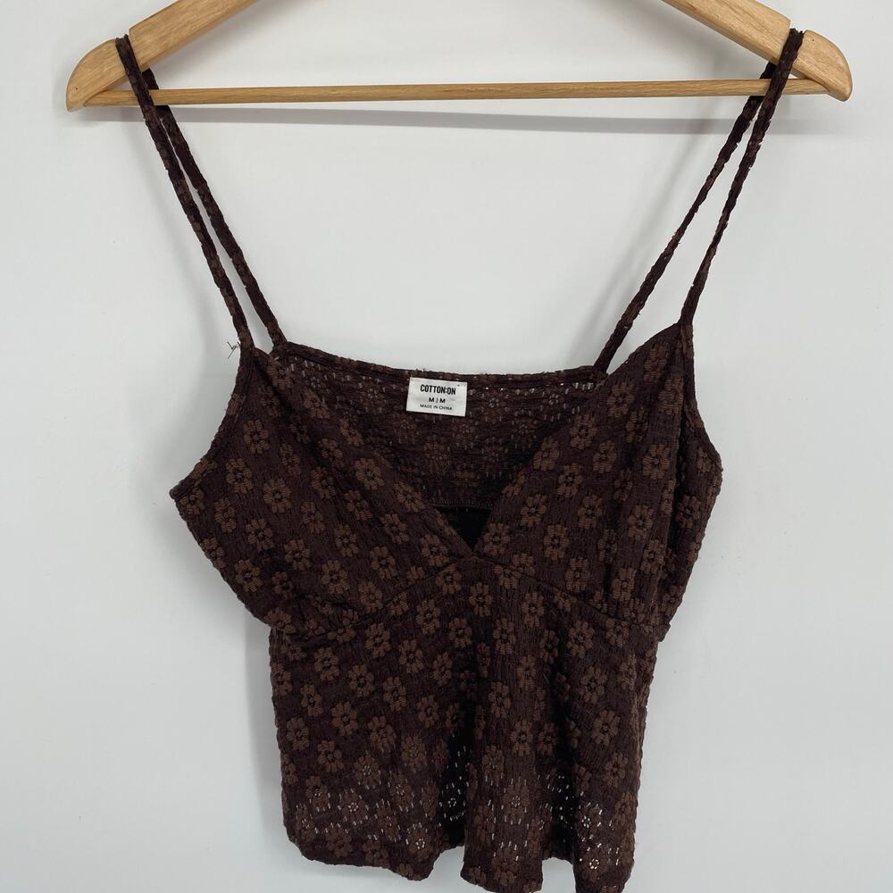 Cotton On Top Womens Medium Croquet Brown Floral Lace Milkmaid Feminine Romantic